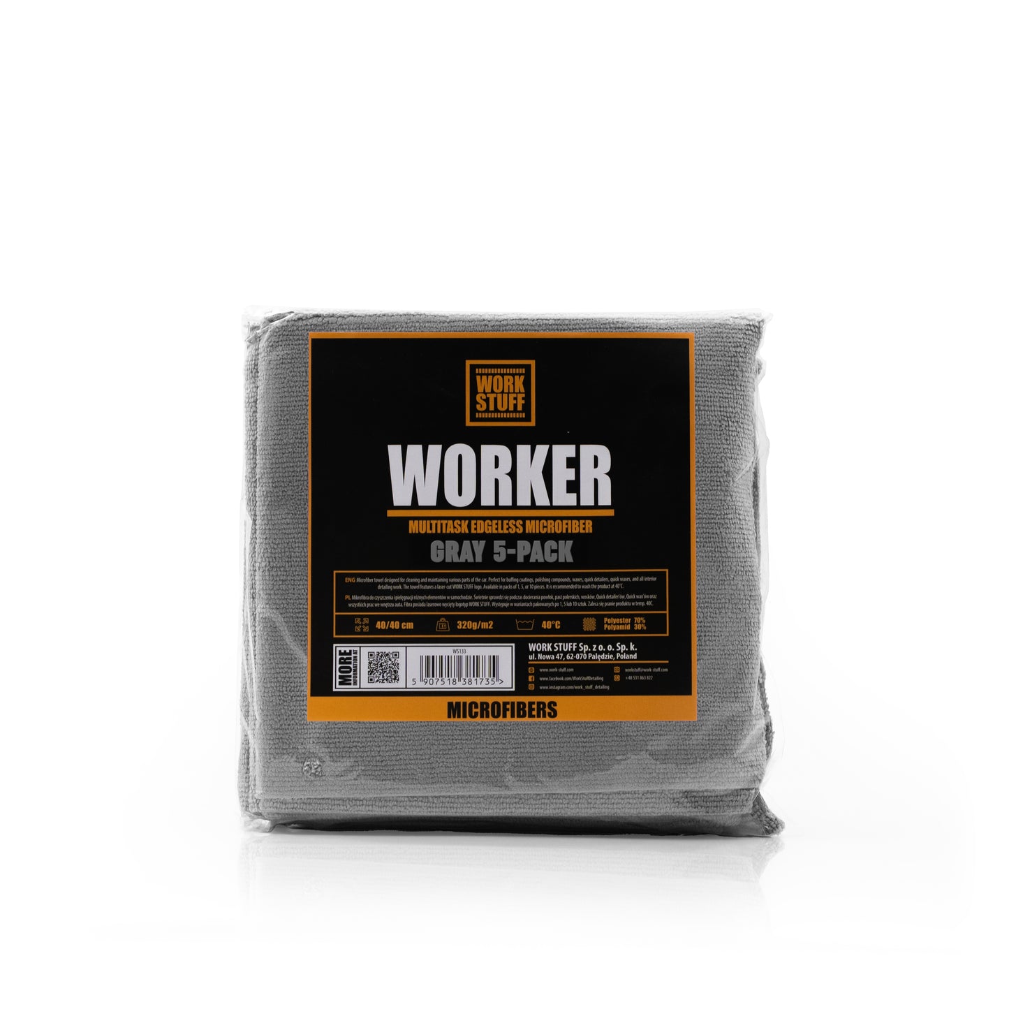 Work Stuff Worker Grey  5-pack – delikatna mikrofibra bez obszycia, 40x40cm, 320gsm