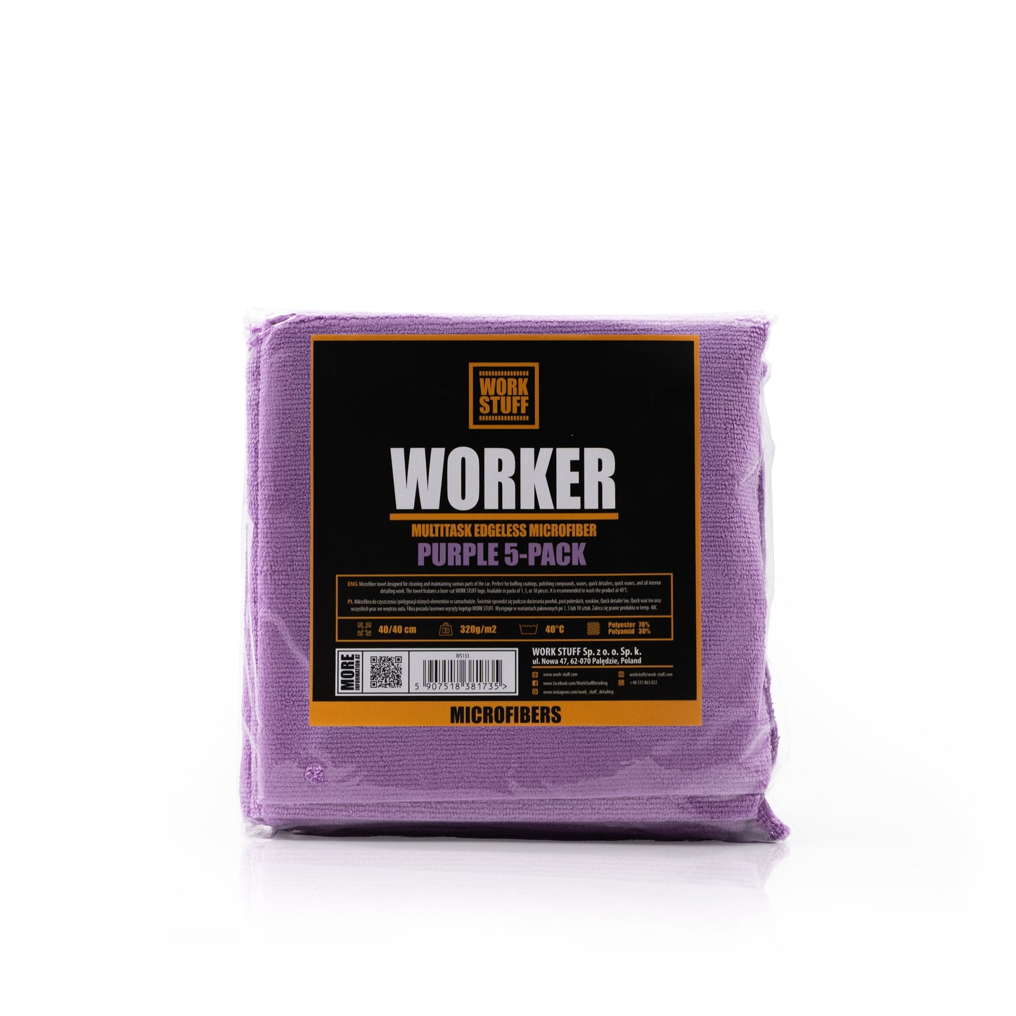 Work Stuff Worker Purple 5-pack – delikatna mikrofibra bez obszycia 40×40 cm, 320 gsm